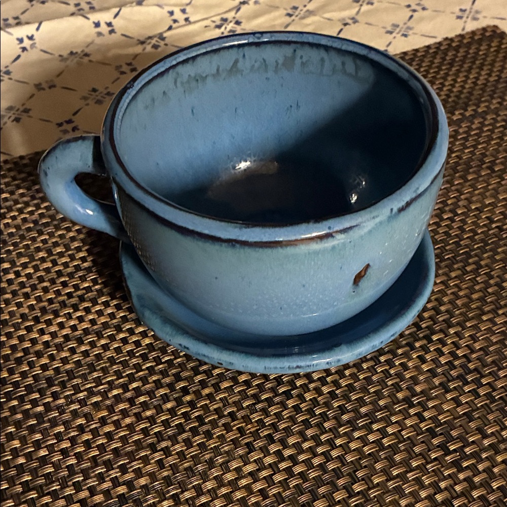 Blue Ceramic Cup and Saucer Set - Rustic Glazed Finish